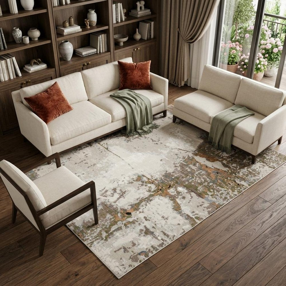 7' X 10' Beige And Pink Abstract Distressed Area Rug
