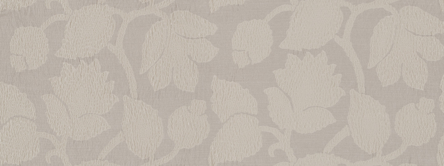 Beige damask leaf-pattern wallpaper texture with subtle floral vines.