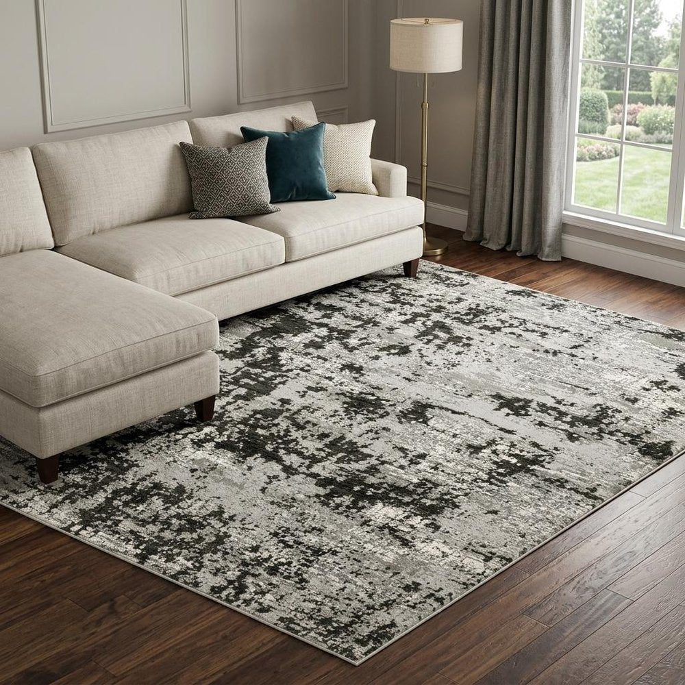 7' X 10' Gray And Black Abstract Distressed Area Rug