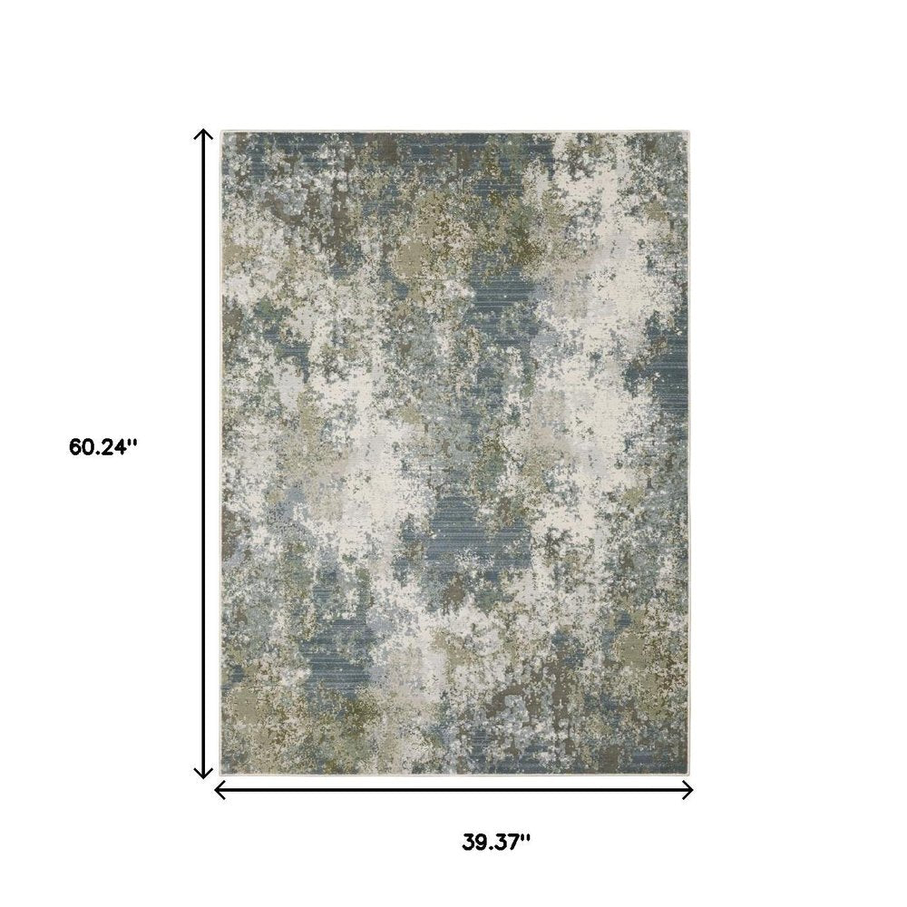 3' X 5' Blue Grey Green And Beige Abstract Power Loom Stain Resistant Area Rug
