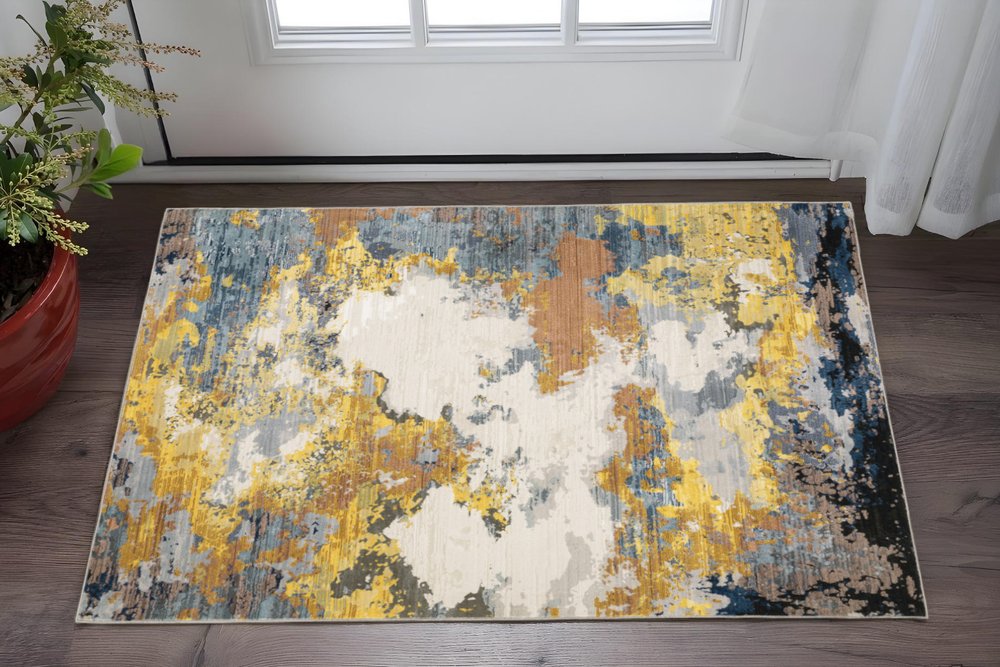 3' X 5' Yellow Gold Blue Grey Brown And Beige Abstract Power Loom Stain Resistant Area Rug