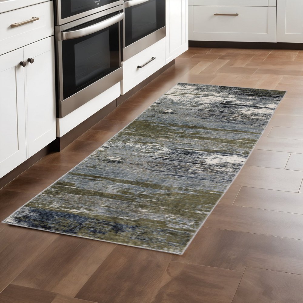 2' X 8' Blue Green Grey Brown And Beige Abstract Power Loom Stain Resistant Runner Rug