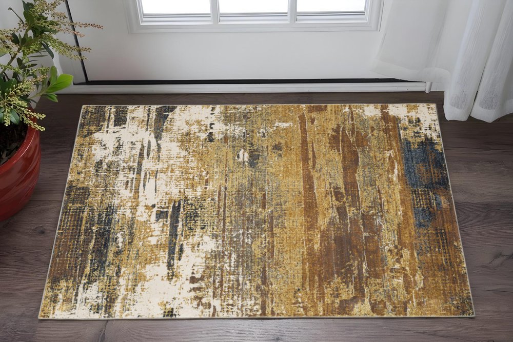 3' X 5' Gold Brown Rust Grey Blue And Beige Abstract Power Loom Stain Resistant Area Rug