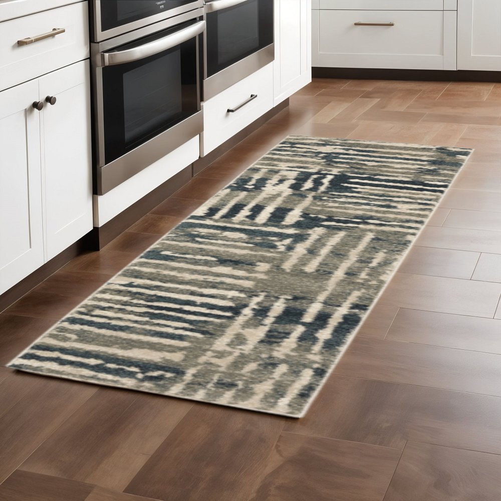 2' X 8' Blue And Beige Abstract Power Loom Stain Resistant Runner Rug