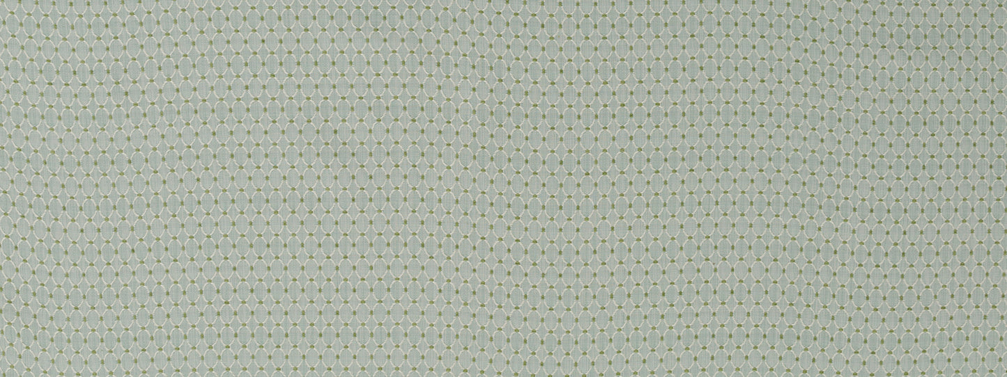 Close-up of pale sage-green upholstery fabric featuring a linked oval pattern.