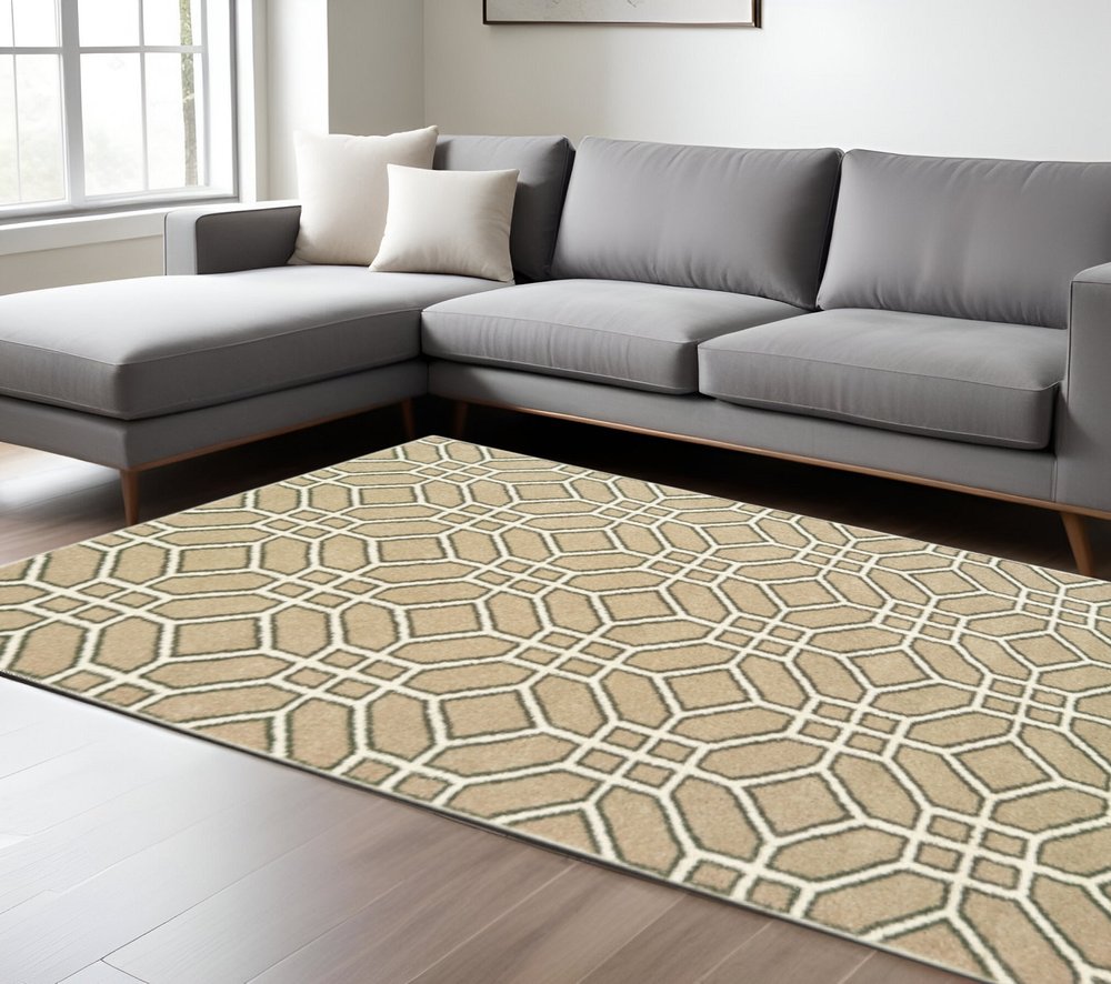 10' X 13' Sand And Ivory Geometric Power Loom Stain Resistant Area Rug