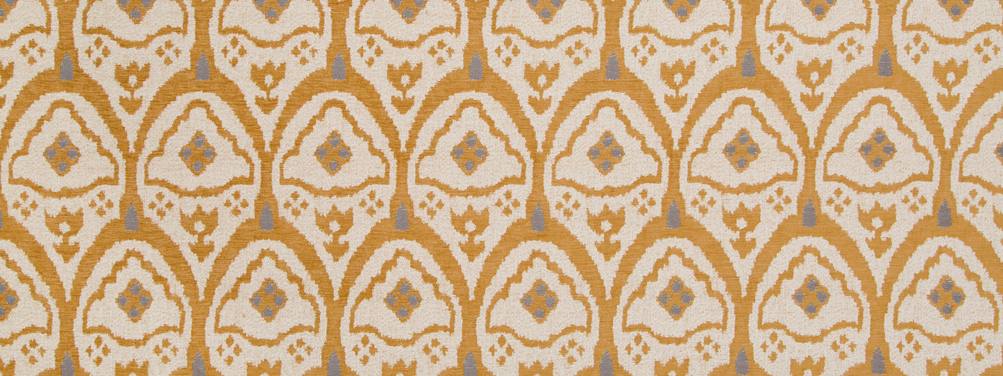 Gold & ivory damask pattern with arched motifs & floral accents; ornate upholstery fabric design.
