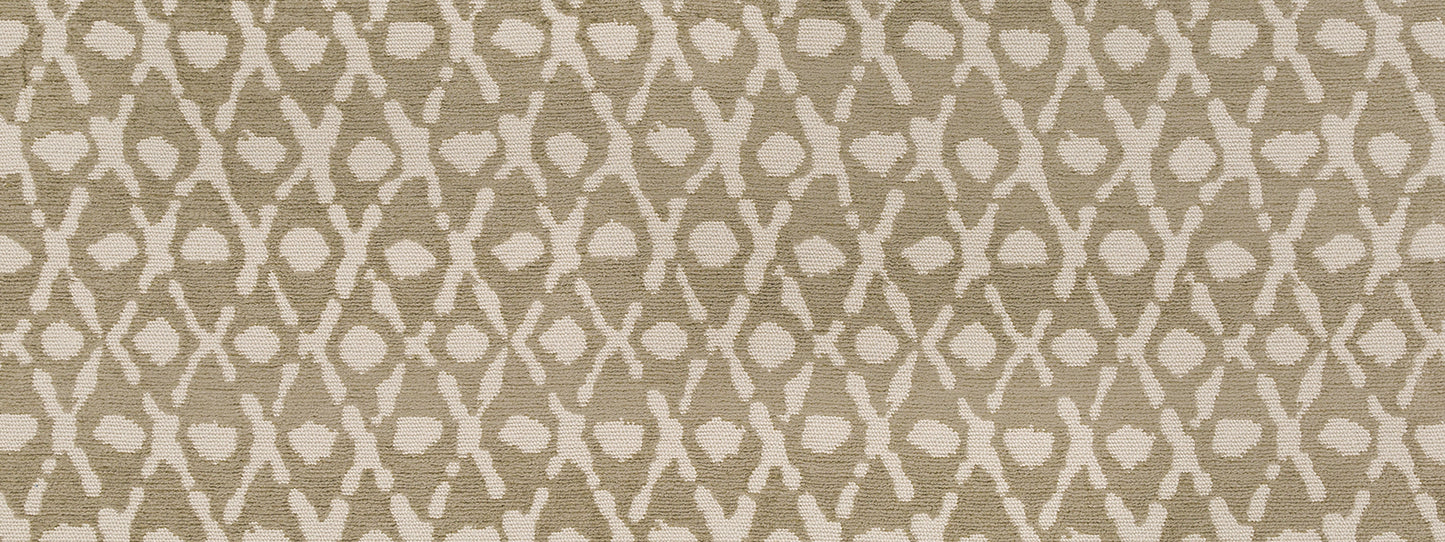 Taupe textured fabric with ivory geometric lattice/trellis pattern for upholstery.