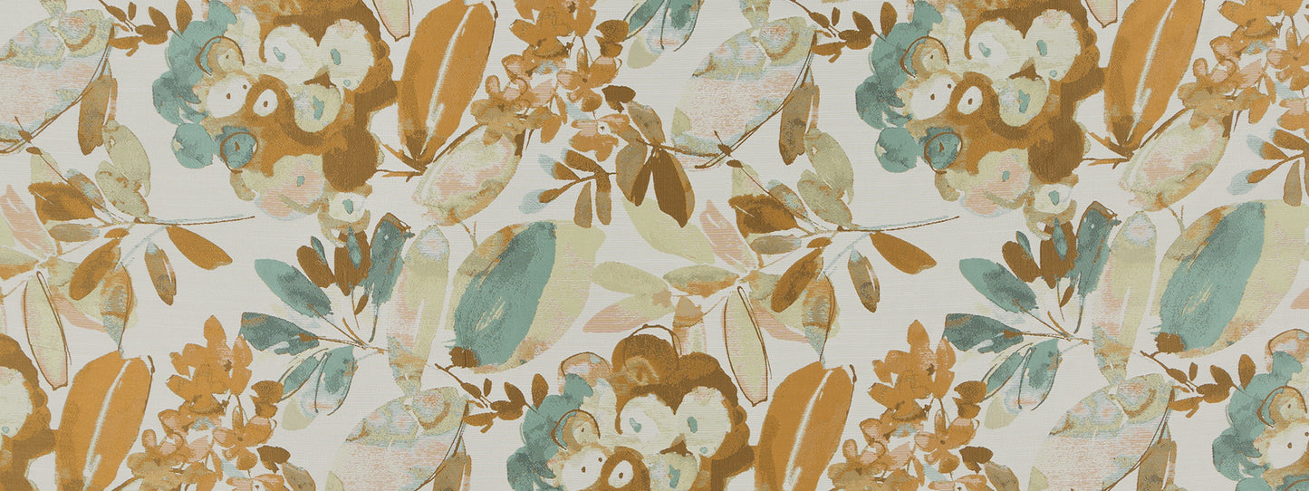Floral botanical pattern in gold, teal, beige on light background; fabric-style repeating print for upholstery.