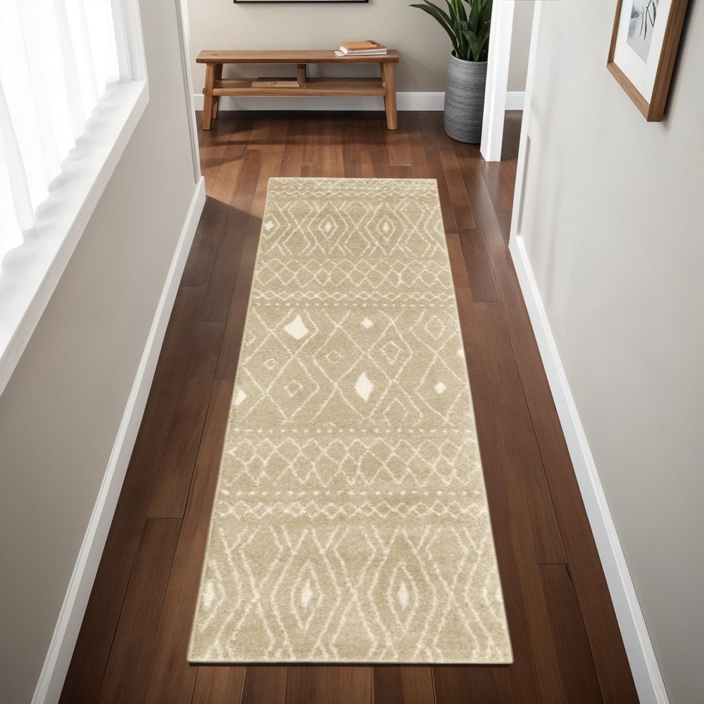 8' Sand And Ivory Geometric Power Loom Runner Rug