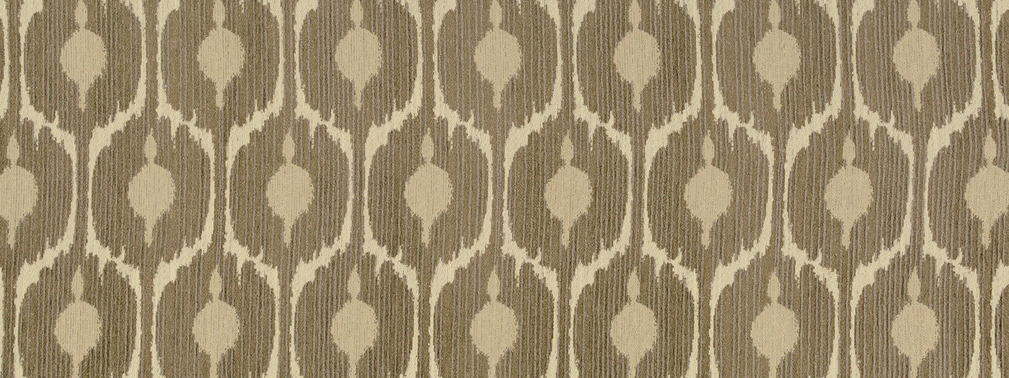 Beige and taupe damask-style fabric pattern with vertical oval motifs; elegant upholstery or drapery textile.