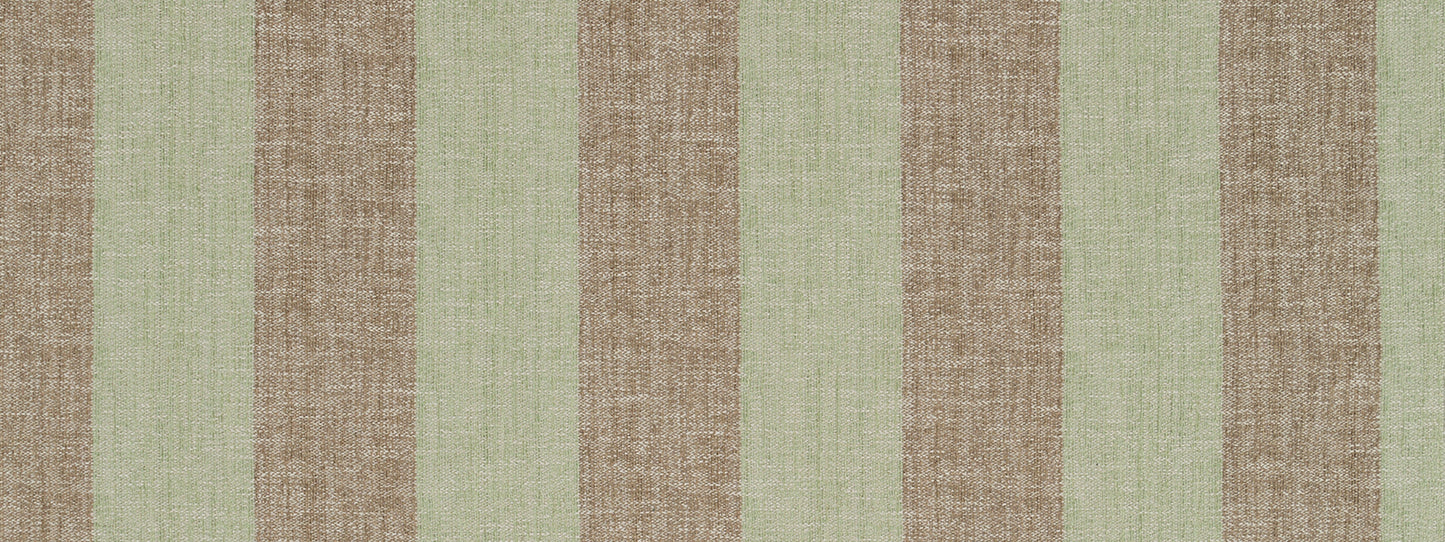 Vertical striped woven fabric in taupe and pale sage green, linen-like texture.