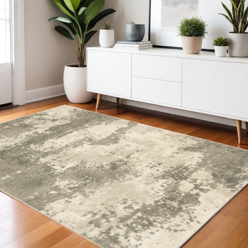 4' X 6' Beige And Grey Abstract Power Loom Stain Resistant Area Rug