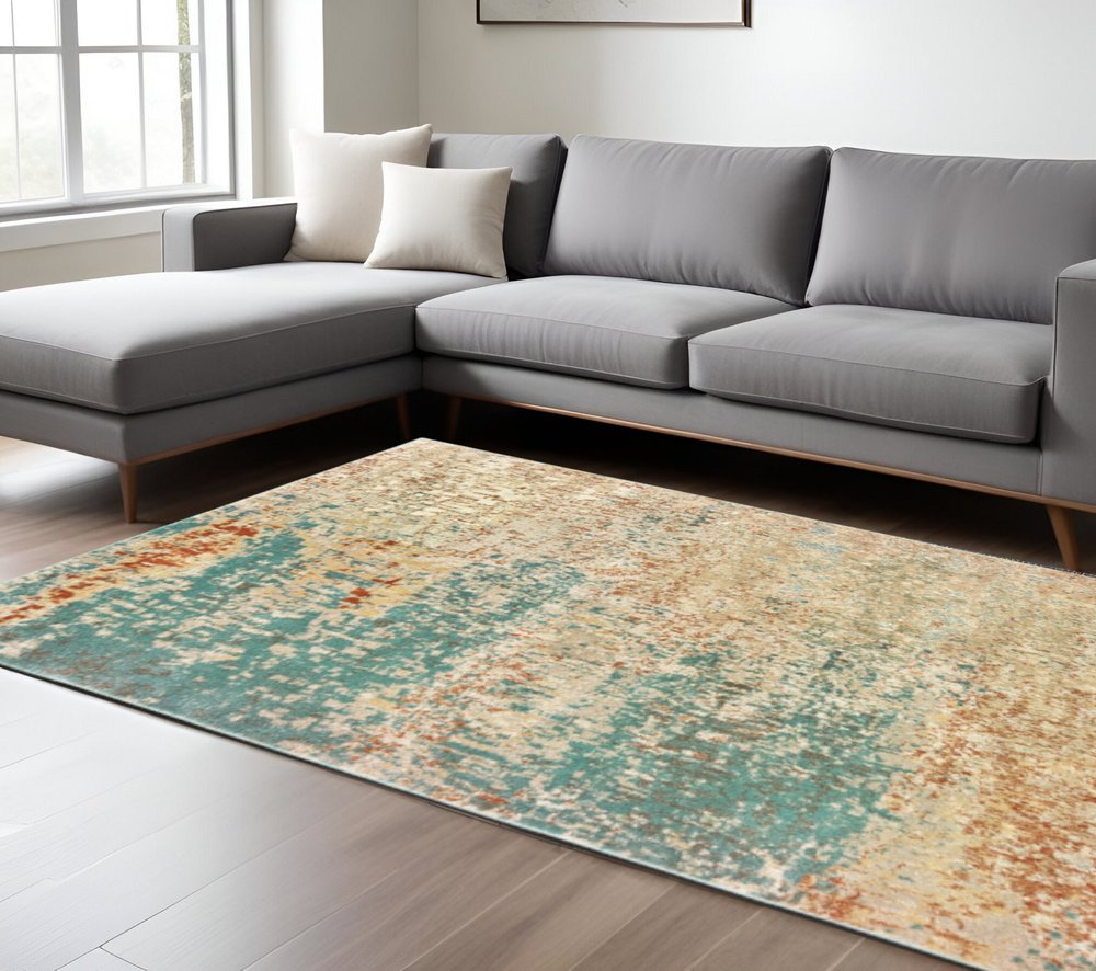 7' X 9' Blue And Ivory Abstract Shag Area Rug