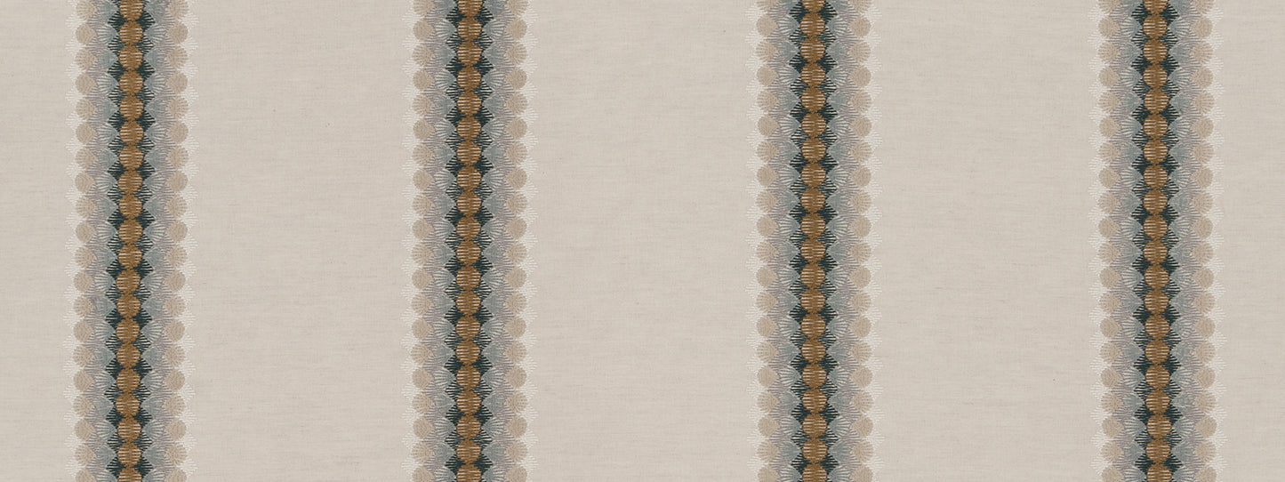 Beige fabric with a narrow vertical brown stripe and cream scalloped edging; striped upholstery or drapery fabric.