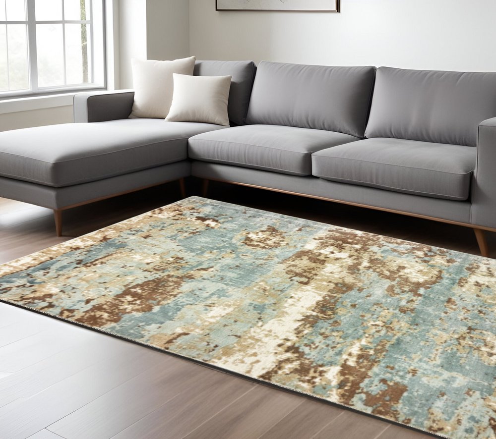 10' X 14' Blue And Brown Abstract Hand Loomed Stain Resistant Area Rug