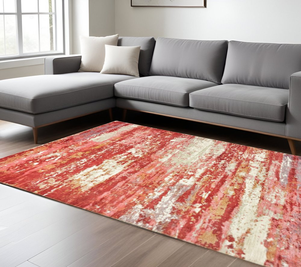 10' X 14' Pink And Red Abstract Hand Loomed Stain Resistant Area Rug