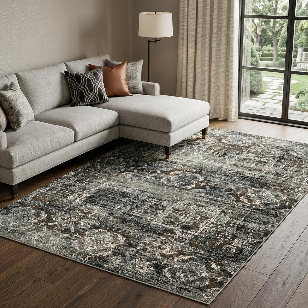 7' X 10' Charcoal Gray And White Oriental Distressed Area Rug