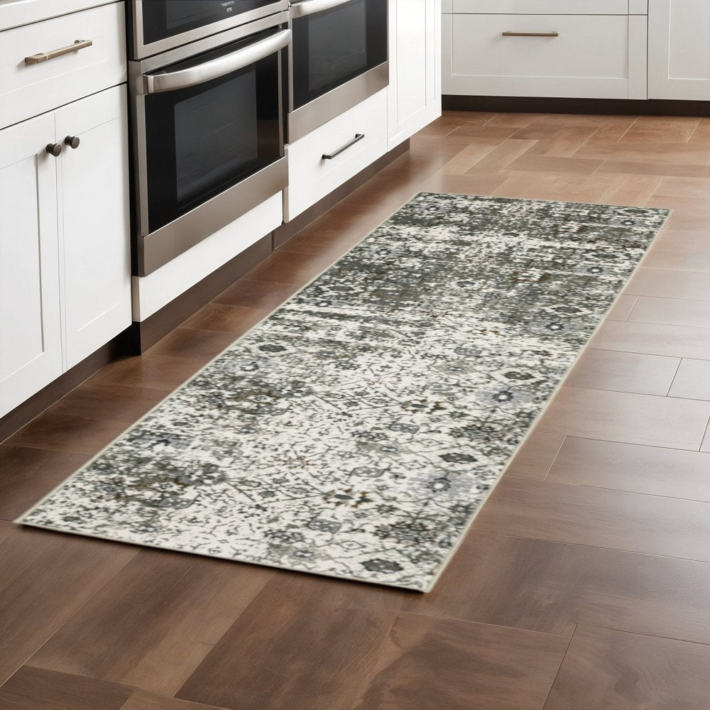 2' X 8' Ivory Grey Charcoal Rust Gold And Brown Oriental Power Loom Stain Resistant Runner Rug