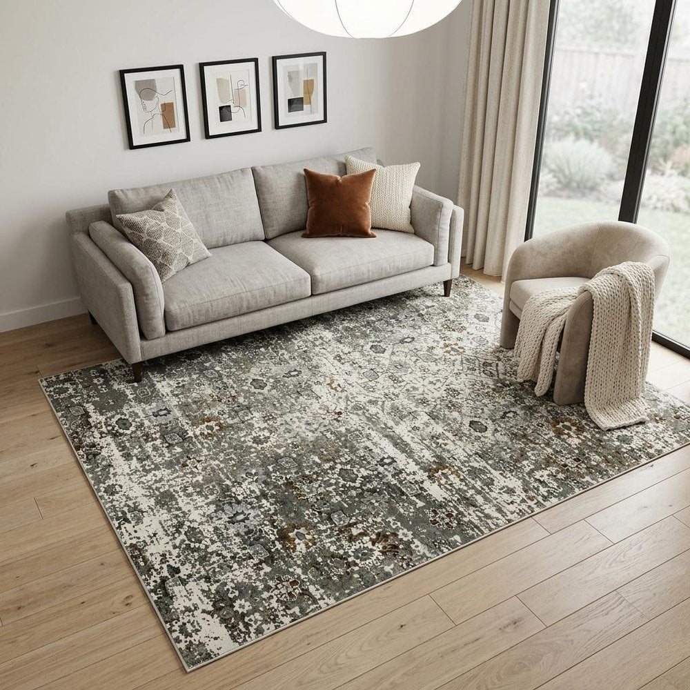 5' X 8' Gray and Ivory Oriental Power Loom Area Rug