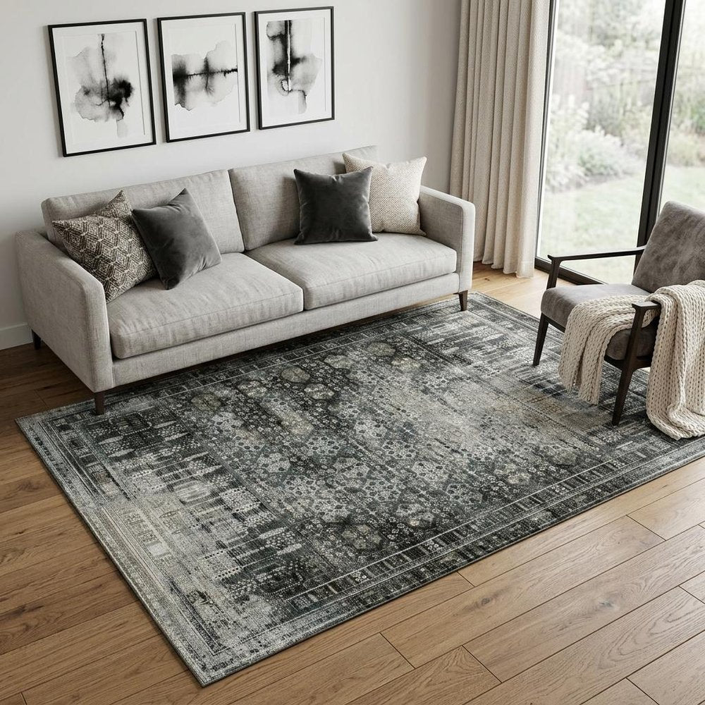 5' X 8' Charcoal And Gray Oriental Distressed Area Rug
