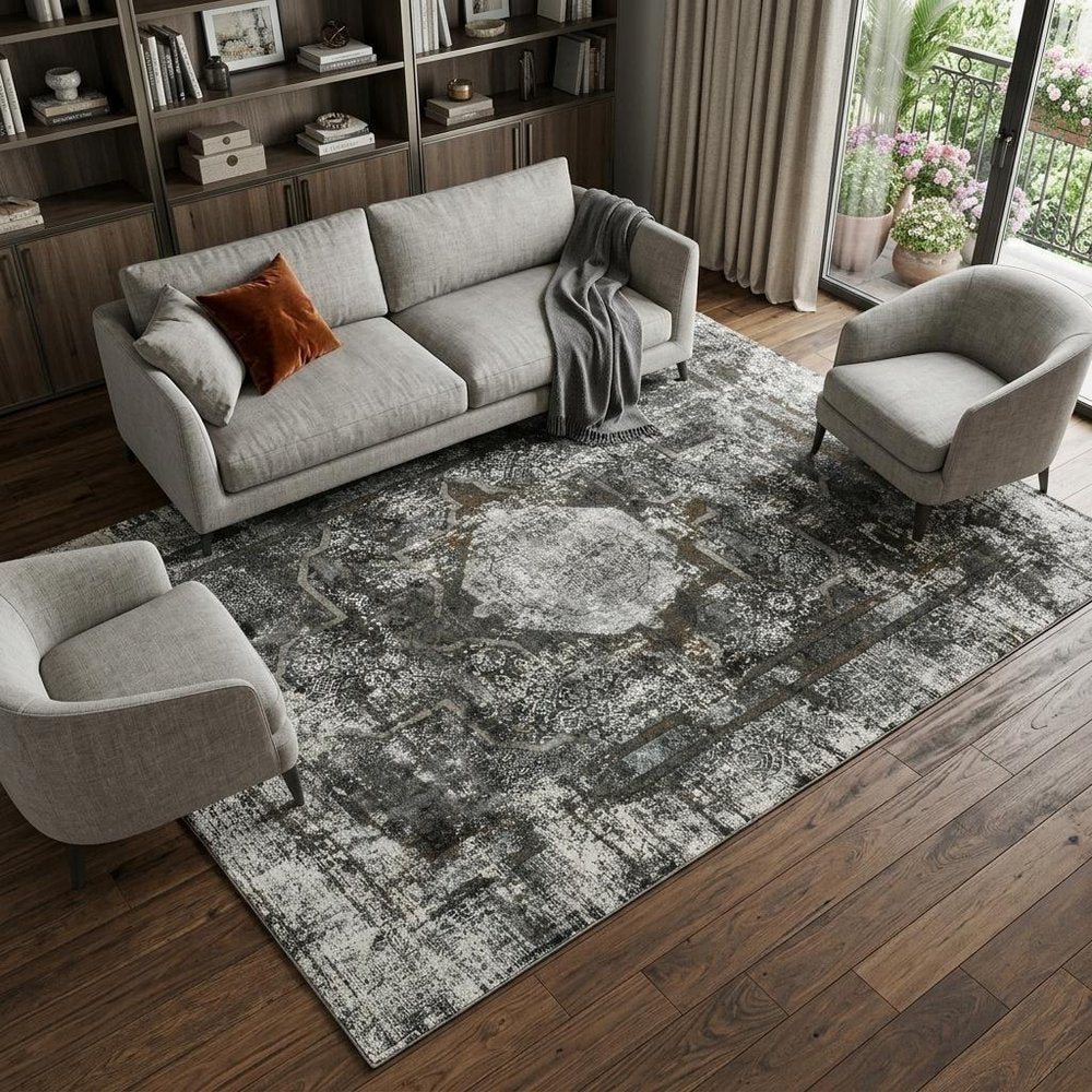 7' X 10' Charcoal And Gray Oriental Distressed Area Rug