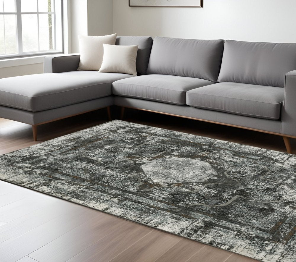 8' X 11' Charcoal And Gray Oriental Distressed Area Rug