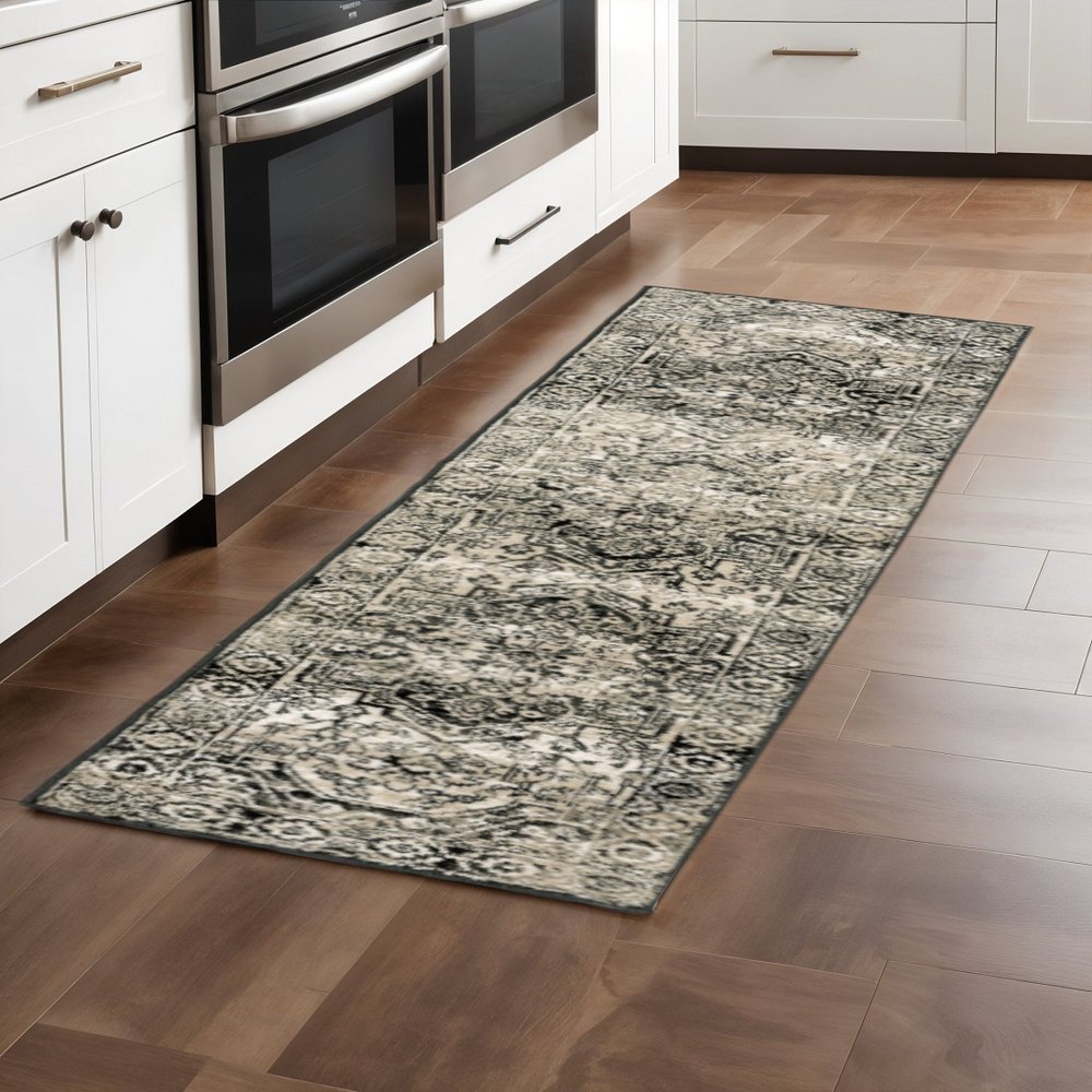 2' X 8' Black Grey Tan And Ivory Oriental Power Loom Stain Resistant Runner Rug