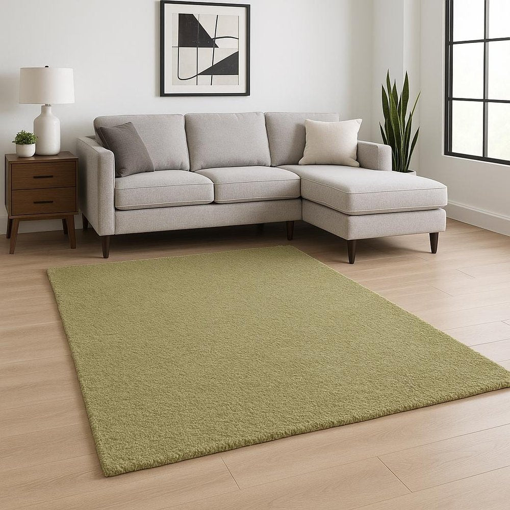 6' X 9' Olive Green Shag Tufted Handmade Stain Resistant Area Rug