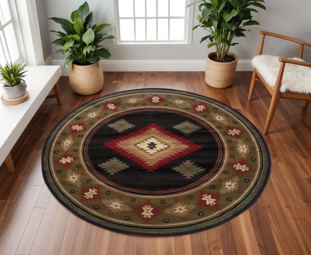 8' Black Round Southwestern Power Loom Stain Resistant Area Rug