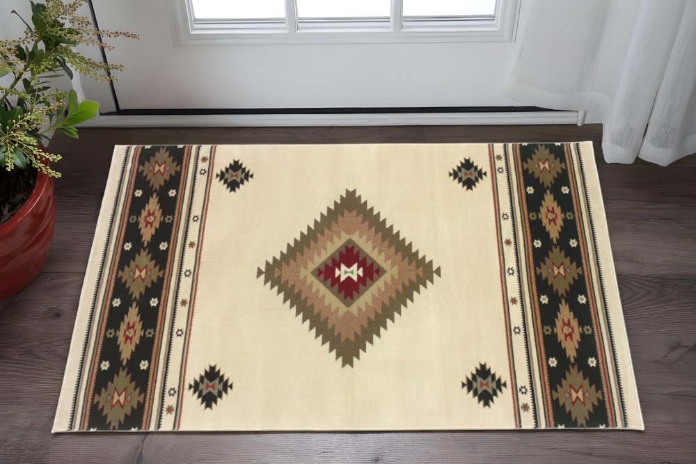 2' X 3' Beige Southwestern Power Loom Stain Resistant Area Rug