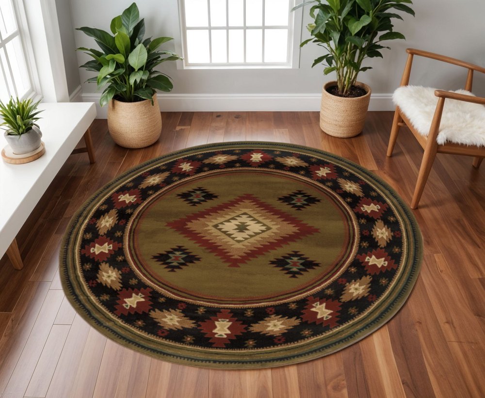8' Green Round Southwestern Power Loom Stain Resistant Area Rug