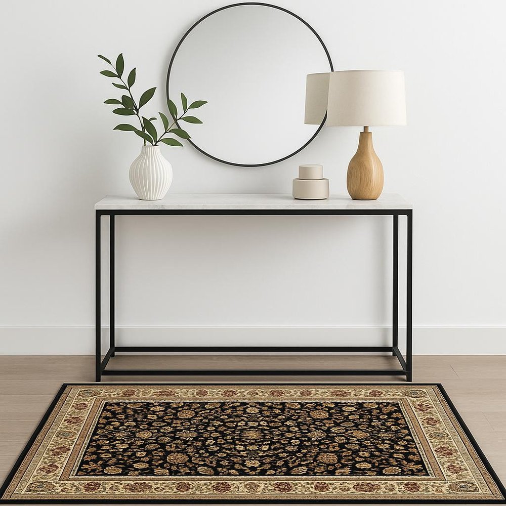 4' X 6' Black And Ivory Oriental Power Loom Stain Resistant Area Rug