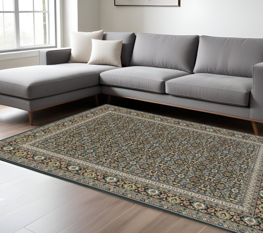 6' X 9' Navy Blue Green Red Ivory And Yellow Oriental Power Loom Stain Resistant Area Rug