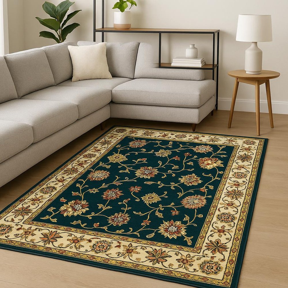 10' X 13' Navy And Ivory Oriental Power Loom Stain Resistant Area Rug