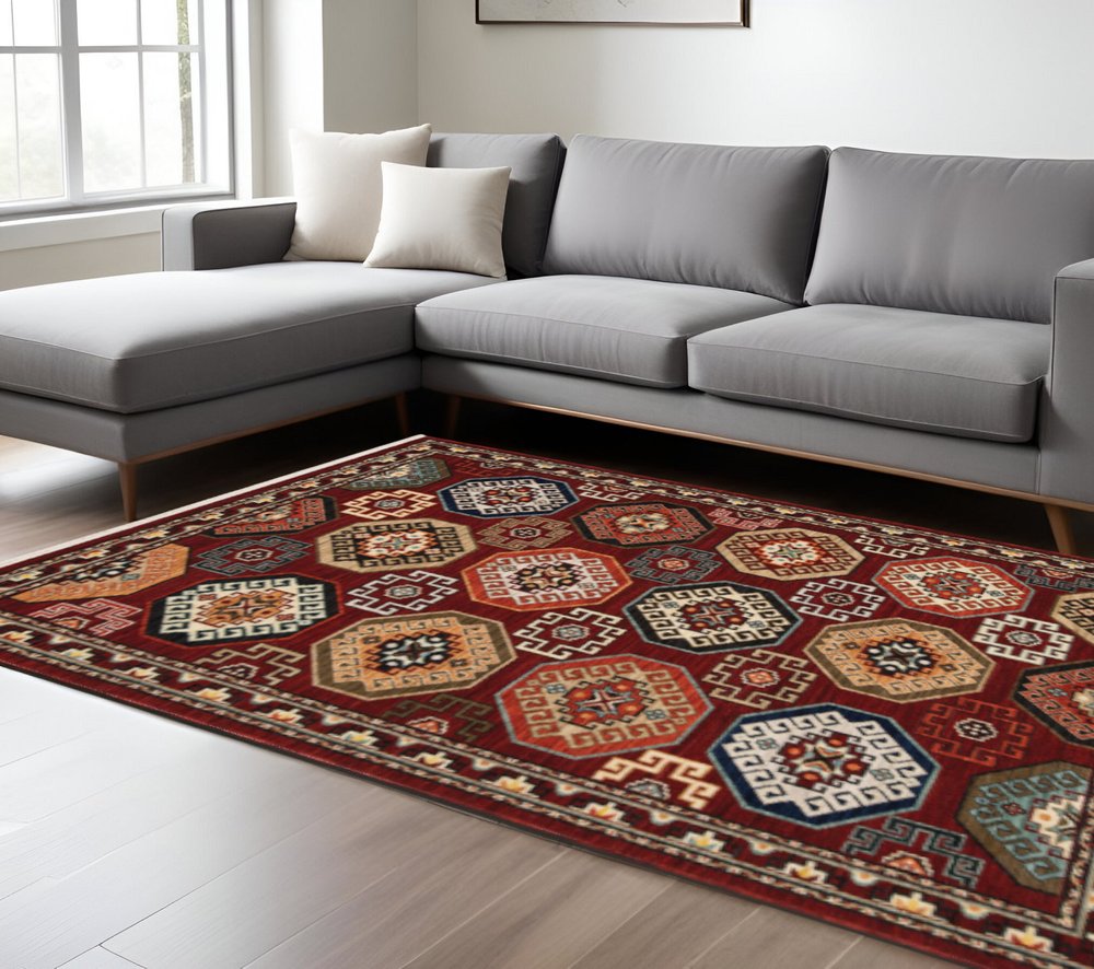 8' X 11' Red Blue Brown And Beige Oriental Power Loom Stain Resistant Area Rug With Fringe