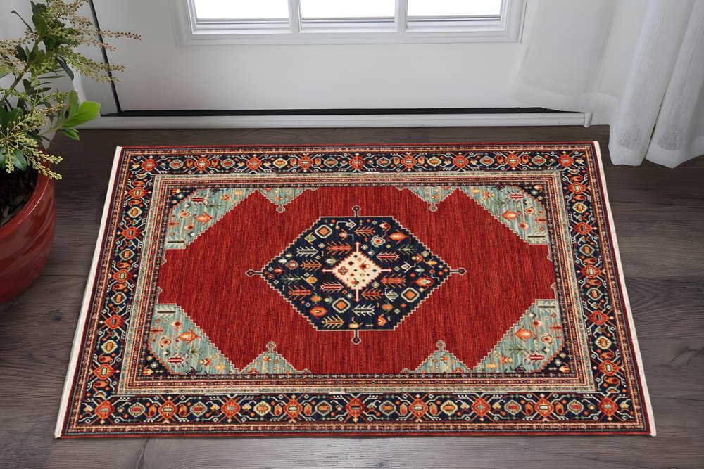 3' X 5' Blue and Red Oriental Power Loom Area Rug