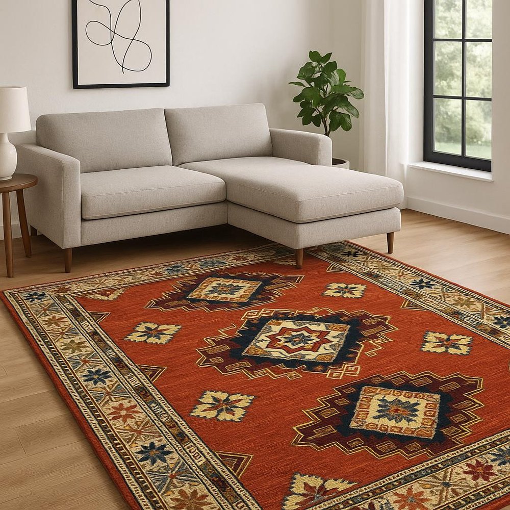 10' X 13' Red Gold Blue Brown Oriental Power Loom Stain Resistant Area Rug With Fringe