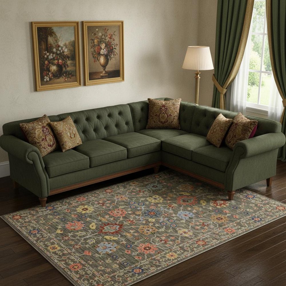 8' X 11' Grey Salmon Pink Gold Blue Rust Deep Blue Ivory And Green Oriental Power Loom Stain Resistant Area Rug With Fringe