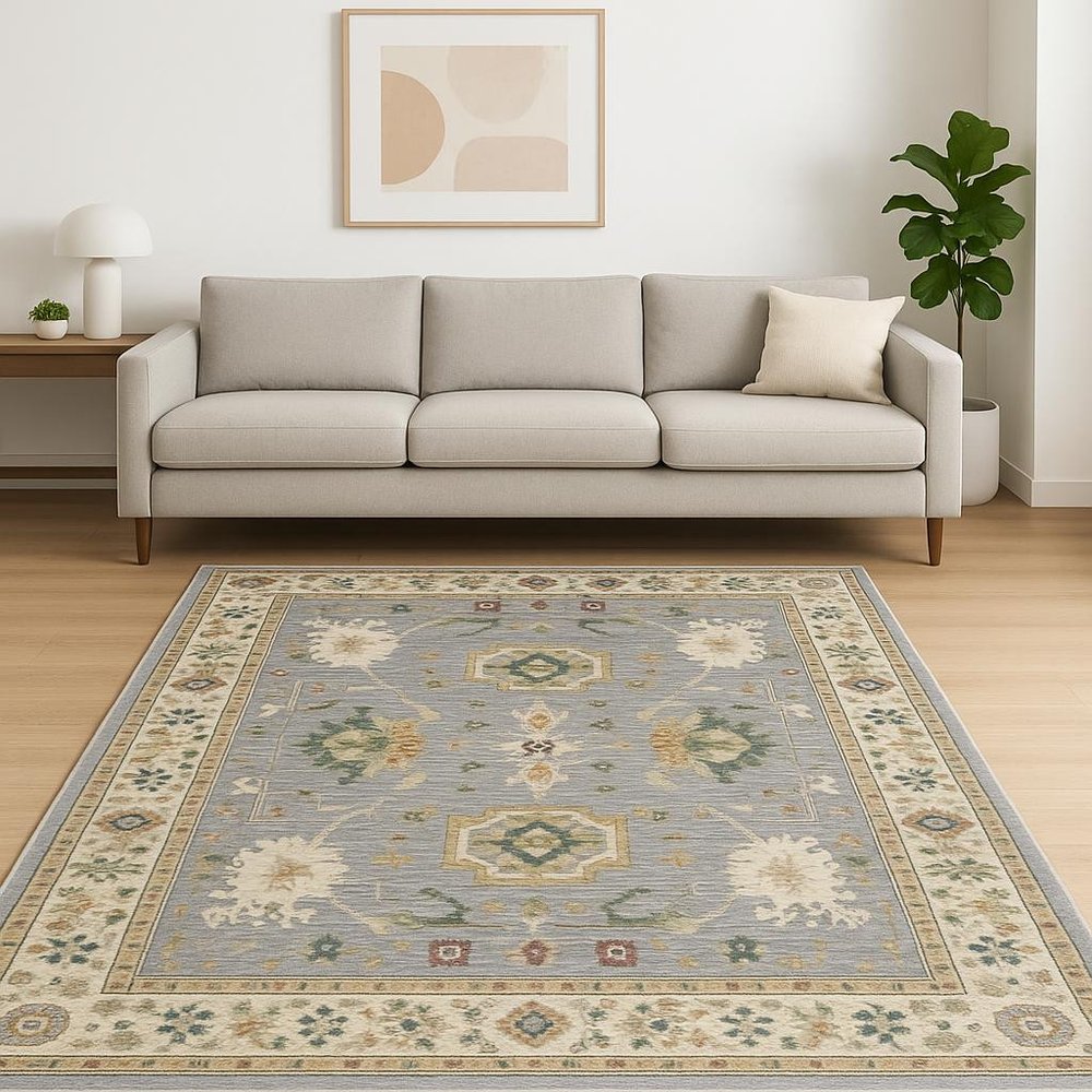 6' X 9' Grey Ivory Orange Teal Green Charcoal Blue And Red Oriental Power Loom Stain Resistant Area Rug With Fringe