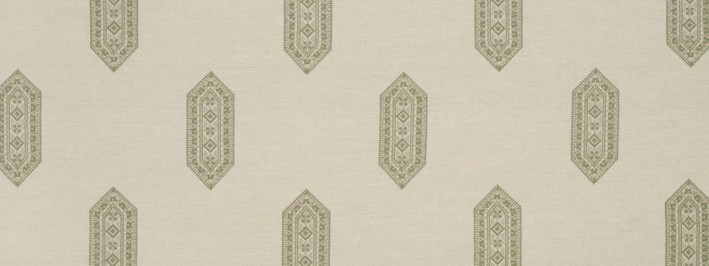 Beige tile with repeating olive-gray shield-shaped damask motifs.