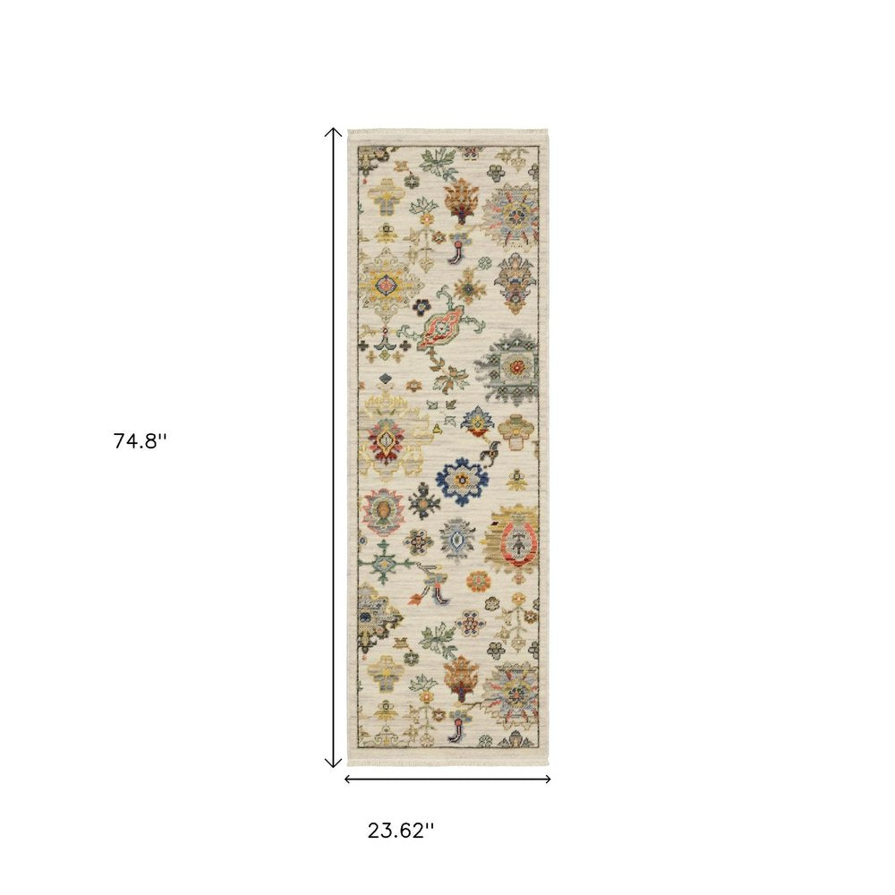 2' X 6' Ivory Beige Gold Grey Blue Pink Red Rust And Green Oriental Power Loom Stain Resistant Runner Rug With Fringe