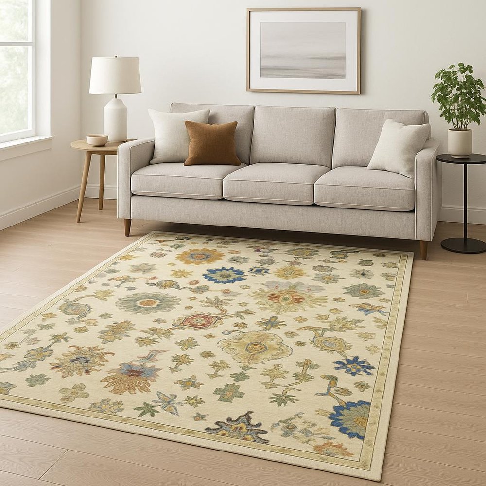 6' X 9' Ivory Beige Gold Grey Blue Pink Red Rust And Green Oriental Power Loom Stain Resistant Area Rug With Fringe