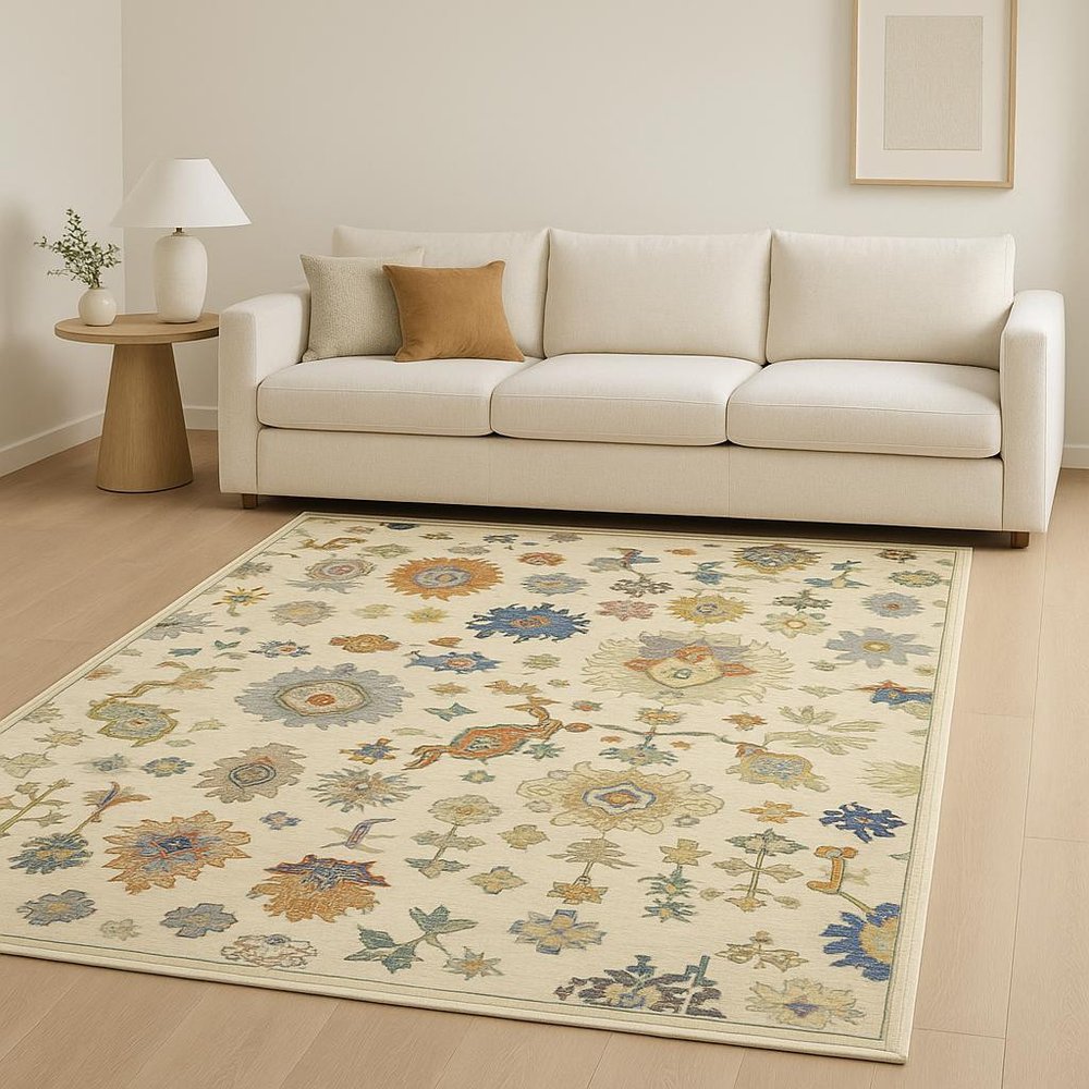 8' X 11' Ivory Beige Gold Grey Blue Pink Red Rust And Green Oriental Power Loom Stain Resistant Area Rug With Fringe