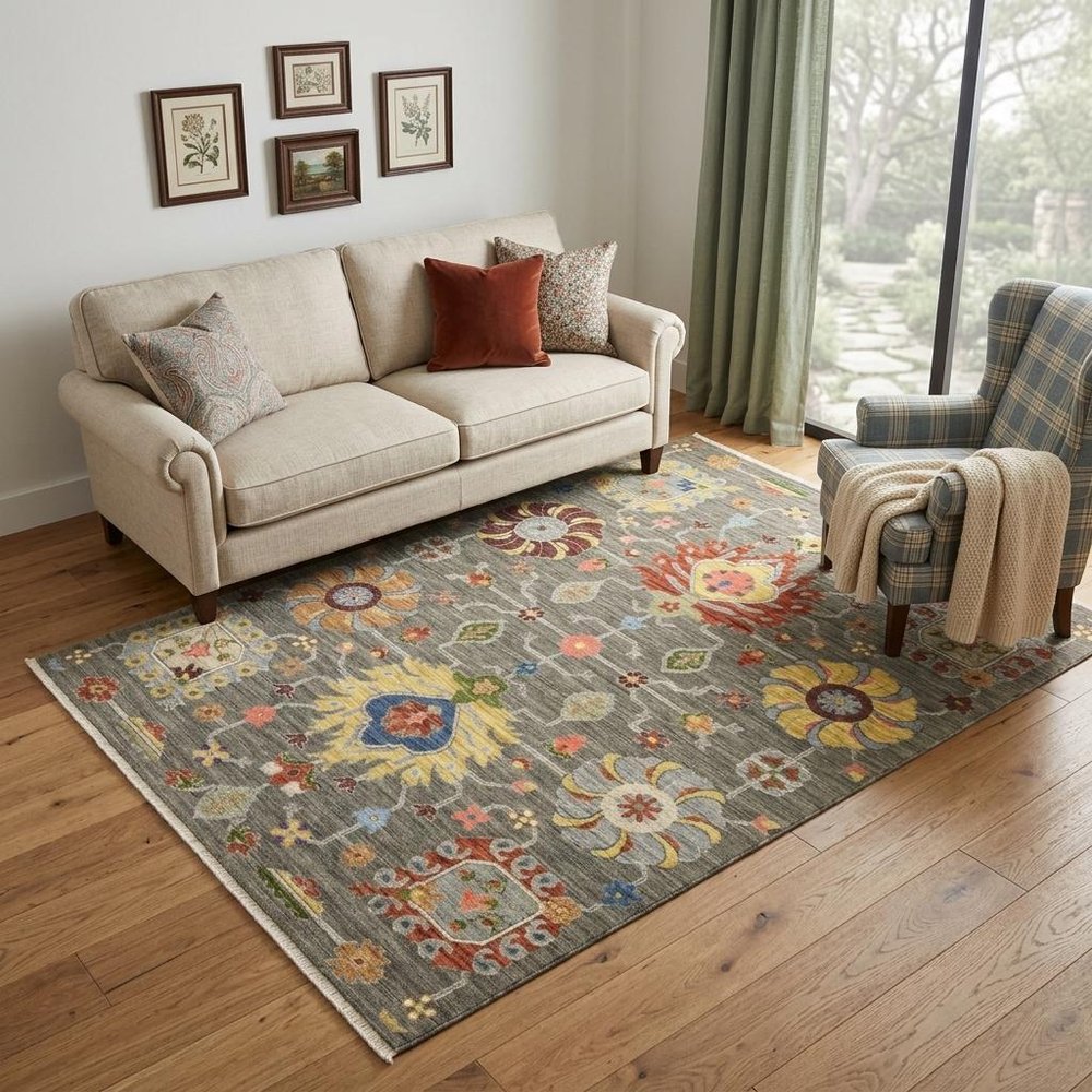 5' X 8' Gray Ivory And Red Oriental Area Rug With Fringe