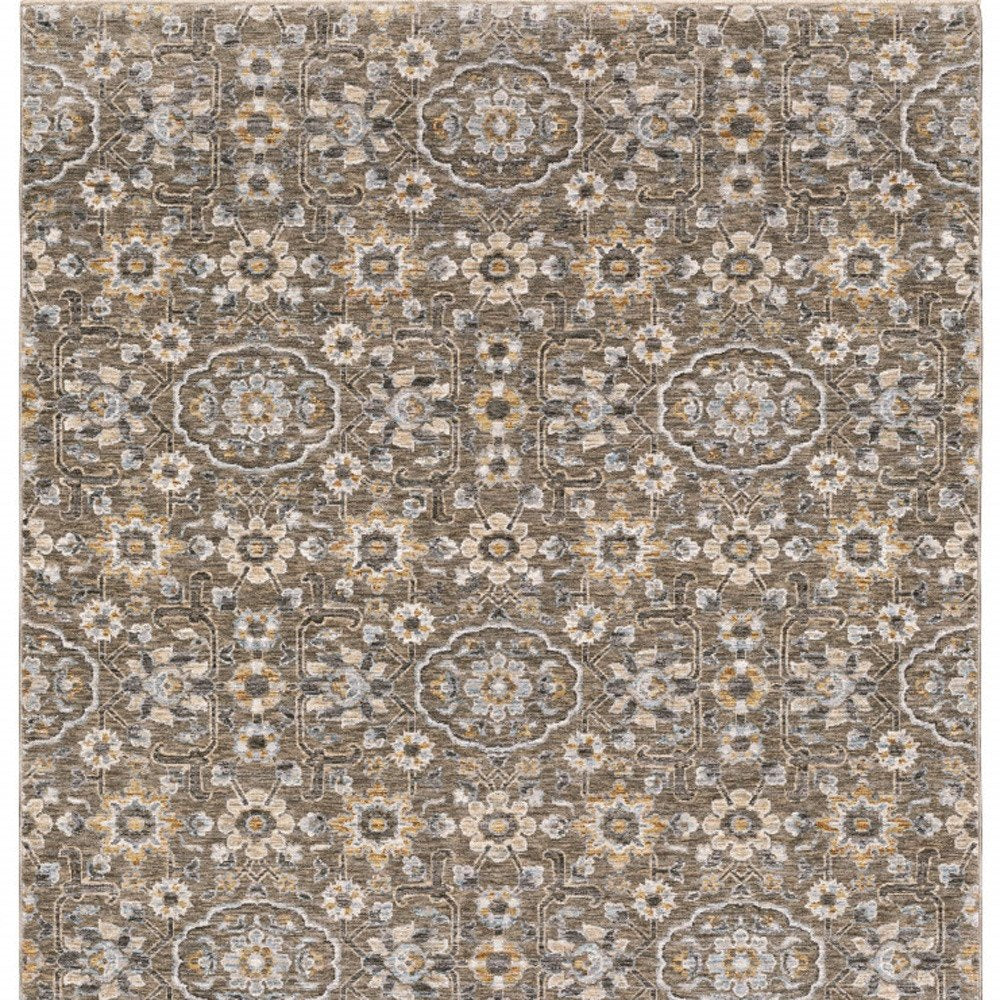 7' X 10' Gray And Gold Floral Area Rug With Fringe
