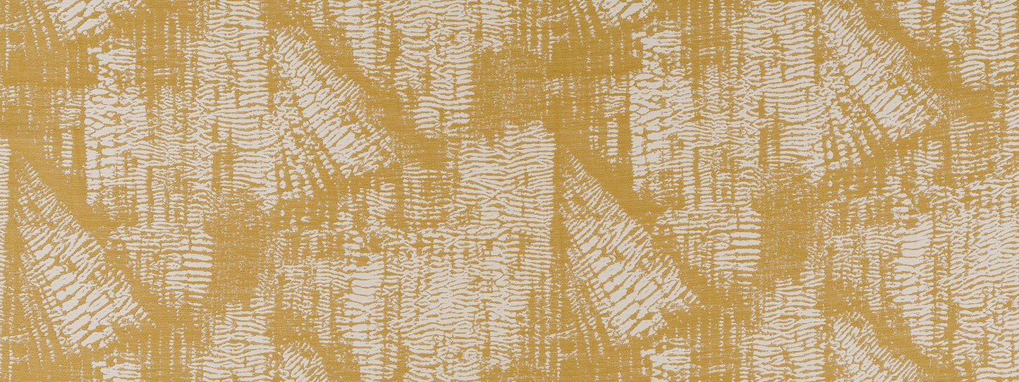 Gold metallic abstract pattern on beige upholstery fabric; textured fabric with ornate brush-stroke shapes.