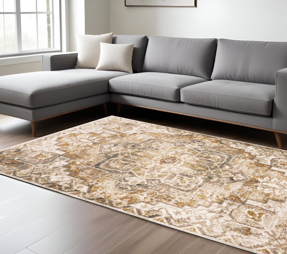 10' X 13' Gold And Brown Oriental Distressed Area Rug With Fringe