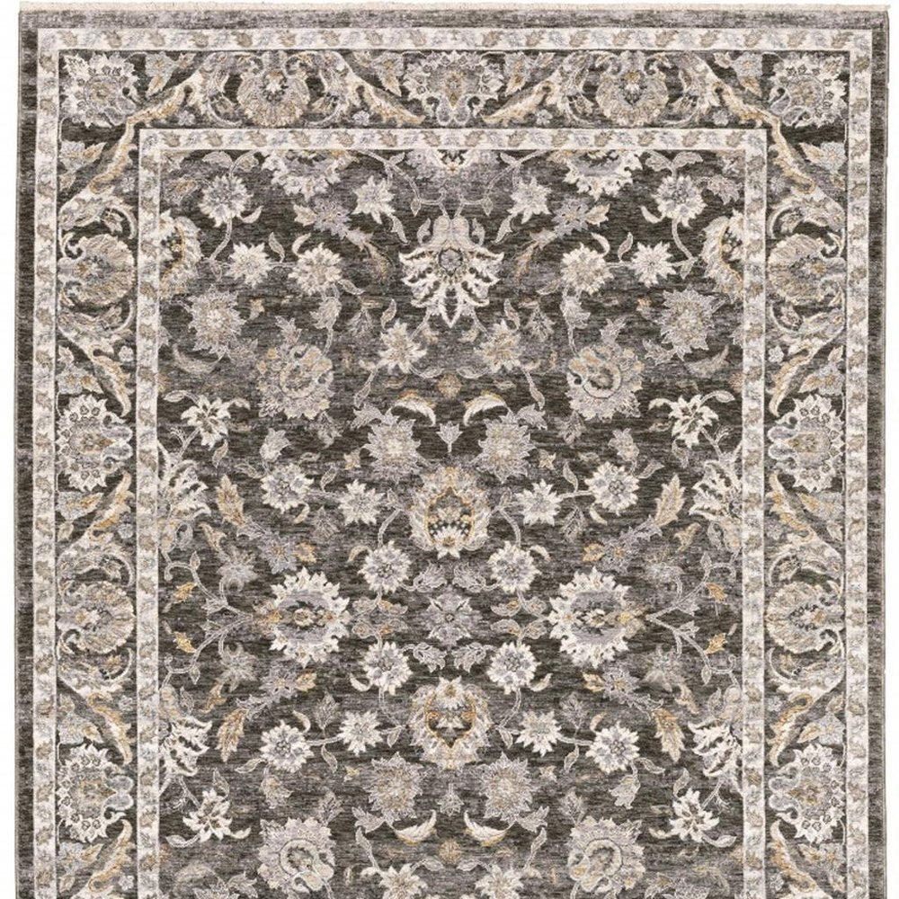 3' X 5' Grey And Ivory Oriental Power Loom Stain Resistant Area Rug With Fringe