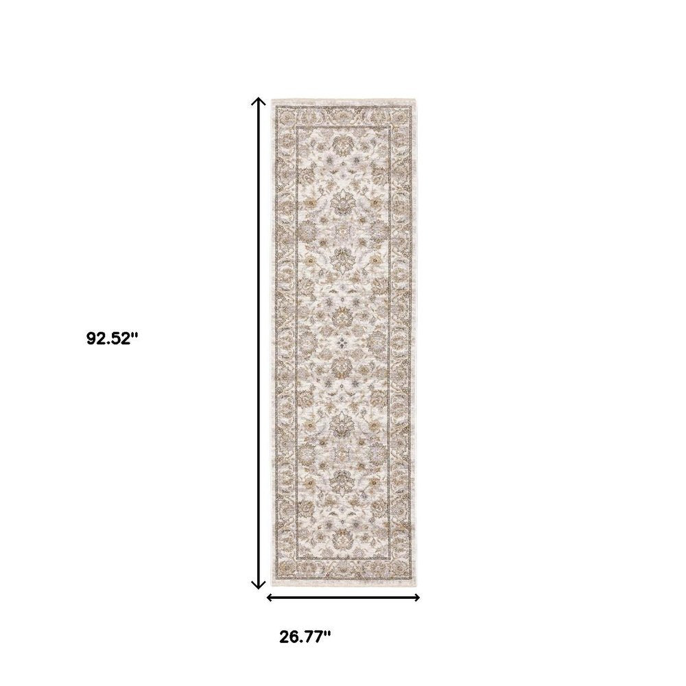 2' X 8' Ivory And Grey Oriental Power Loom Stain Resistant Runner Rug With Fringe